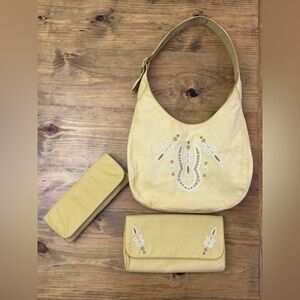 Serena & Lily Yellow Embroidered Canvas Hobo Diaper Bag w/Clutch Changing Pad